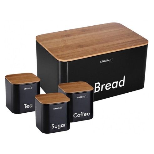 Set of bread box and containers, steel - bamboo, black Kinghoff
