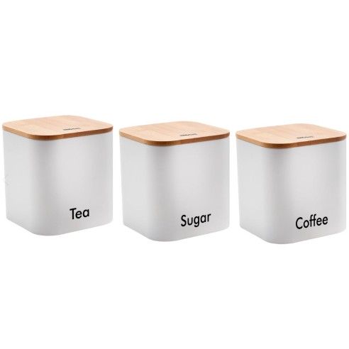 Set of 3 containers, steel-bamboo, white, 11.5x11.5x12.3cm Kinghoff
