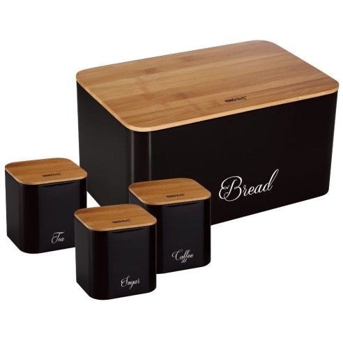 Set of bread box and containers, steel - bamboo, black Kinghoff