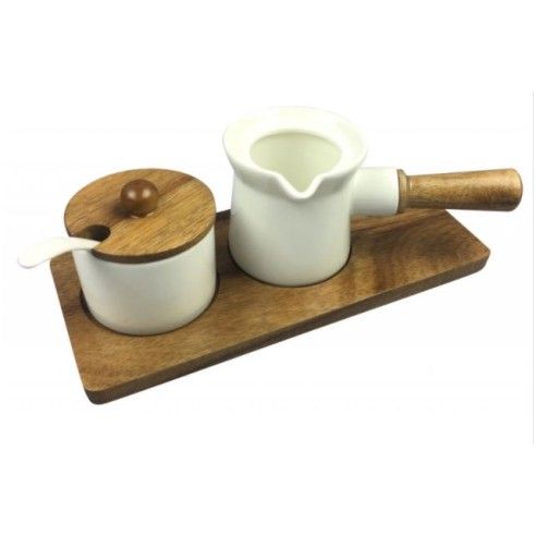 Sugar bowl and milk jug, set of 2, porcelain and accacia wood Kassel